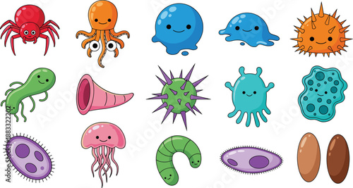 Cute Marine Microorganisms and Sea Creatures Collection with Bacteria and Jellyfish Flat Vector Illustration Set