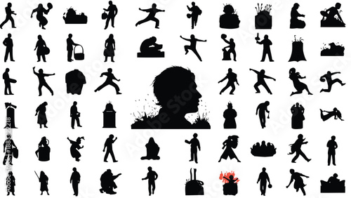 Collection of various black silhouettes depicting people in different actions and poses isolated on white background