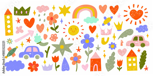 a playful collection of whimsical illustrations including hearts stars and cute icons