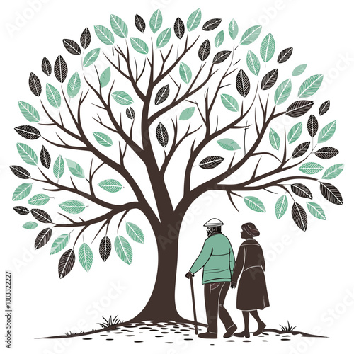 Elderly couple walking under tree with green and brown leaves