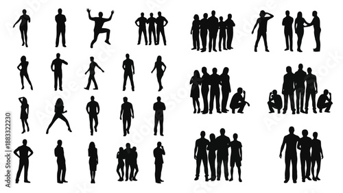 Collection of various human silhouettes standing and interacting in different poses isolated on white background
