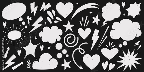 a collection of whimsical doodles including stars hearts clouds sun and various symbols