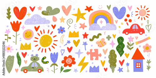 colorful hand drawn illustrations of hearts stars clouds flowers and playful whimsical icons