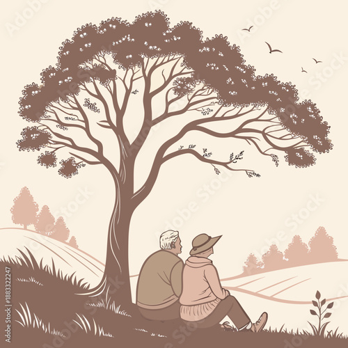 Old couple sitting under tree in field grass hills