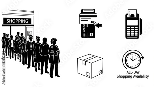 Illustrations depicting shopping experiences, queues, deliveries, and payment methods in retail environments