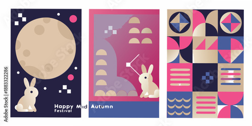 abstract mid autumn festival design with moon rabbit and geometric shapes