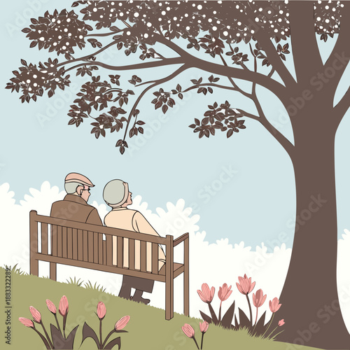 Elderly couple sitting on bench under tree with flowers