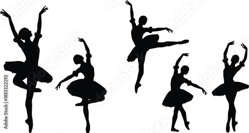 Ballet dancer silhouettes set, elegant female dance poses vector illustration isolated on white background for performance, art, and design projects