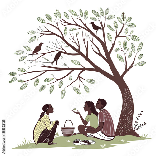 Three people having a picnic under a tree with birds