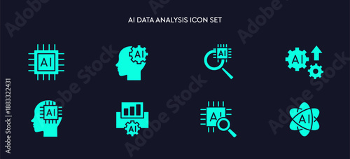Minimal icon set of AI data analysis icons vectors including Processor micro chips, analytics research ,analyze with AI, Semiconductor Artificial intelligence automation algorithm, Big data AGI icons.