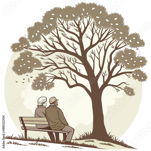 Elderly couple sitting on bench under tree old people 2