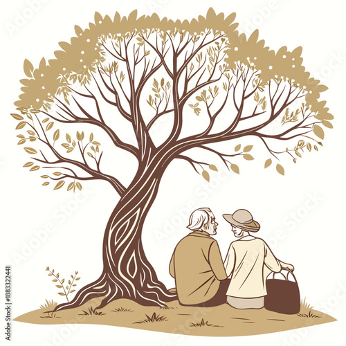 Elderly couple sitting under tree old people peaceful