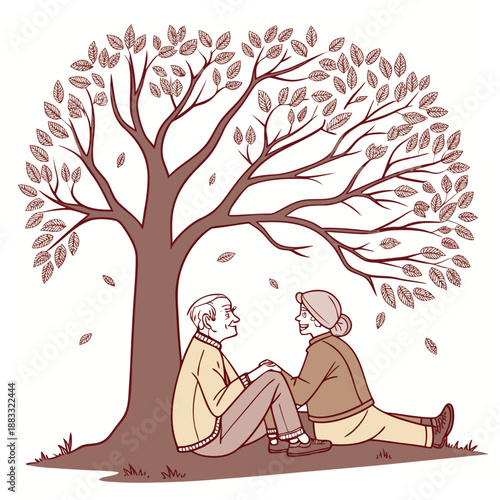 Elderly couple sitting under tree with falling leaves
