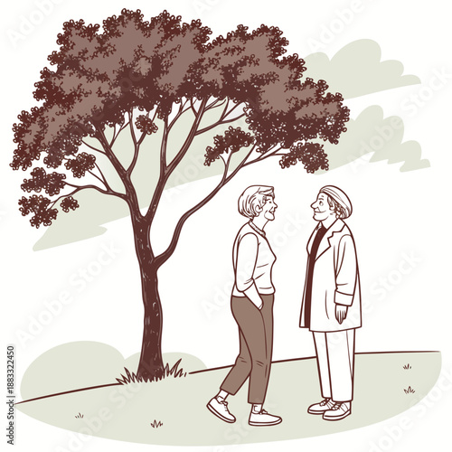 Elderly couple standing under tree outdoor talking