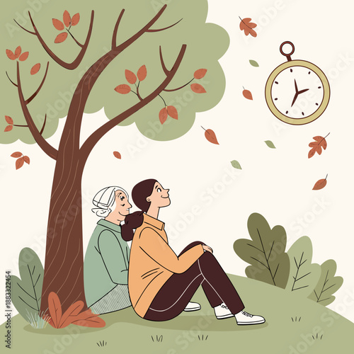 Of two people sitting under tree with falling leaves and clock