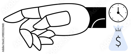 Robotic hand extended toward a clock and money bag suggesting automation, time optimization, and financial management. Ideal for AI, robotics, time-saving, automation, fintech, productivity