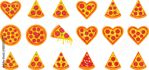 Cute pizza slice and heart shaped pizza vector icon set with pepperoni cheese and cartoon style