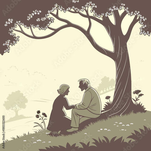 Elderly couple sitting under tree holding hands old people 3