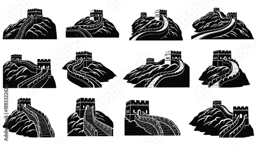 Collection of minimalist Great Wall of China silhouettes in various scenic mountain landscapes isolated on white background