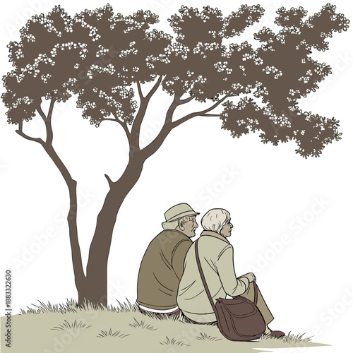 Elderly couple sitting under tree people