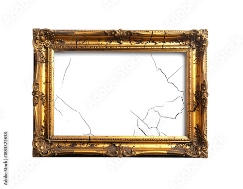 Ornate, gilded picture frame with cracks, set against black, white interior