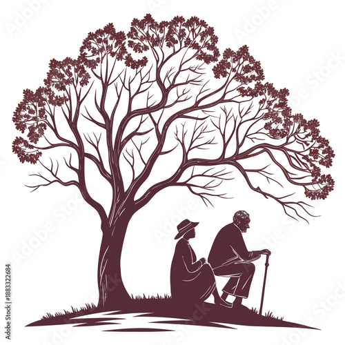 Elderly couple sitting under tree old man old woman 2