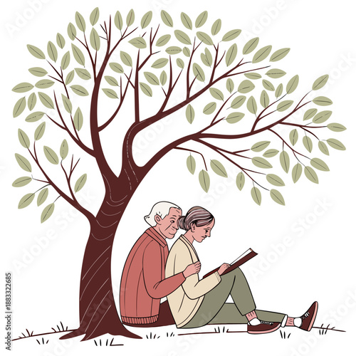 Elderly couple sitting under tree reading book old people