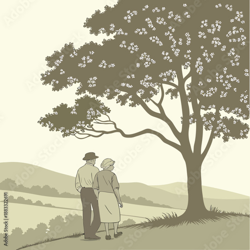 Elderly couple standing under blooming tree in countryside