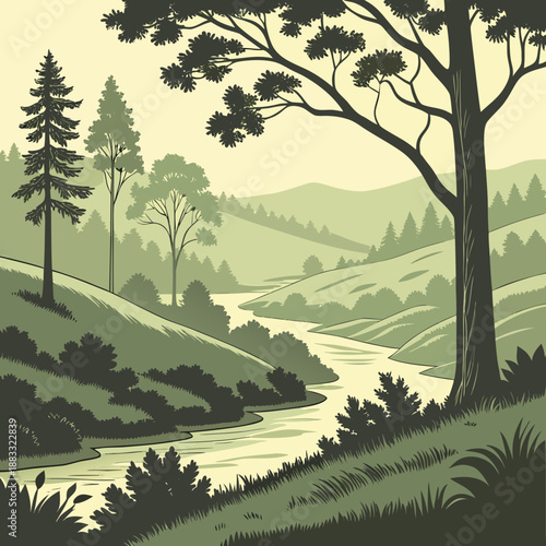 Serene forested countryside with calm river bends and rolling hills