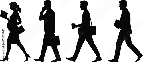 Business people silhouettes, walking professionals with briefcases and documents, corporate workforce concept, black vector illustration isolated on white background design