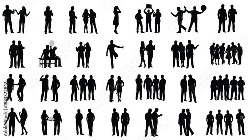 Collection of black human silhouettes in various poses and interactions isolated on white background