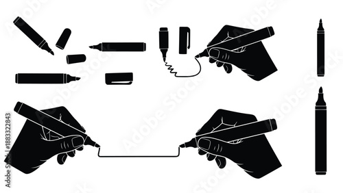 Flat design drawing hands with markers and pens isolated on white background