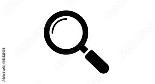 An isolated magnifying glass tool with a black handle and optical lens on a white background for search, discovery, and magnification