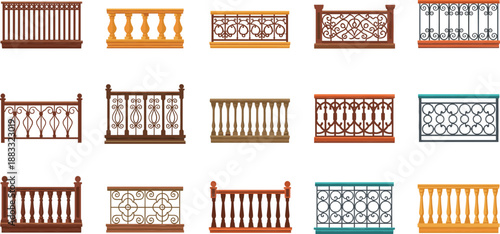 Decorative Balcony Railings and Fences Collection with Classic and Ornamental Designs Flat Vector Illustration Set
