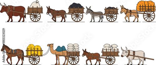 Farm animals pulling carts vector illustration set with donkeys oxen horses camels and rural transport scenes