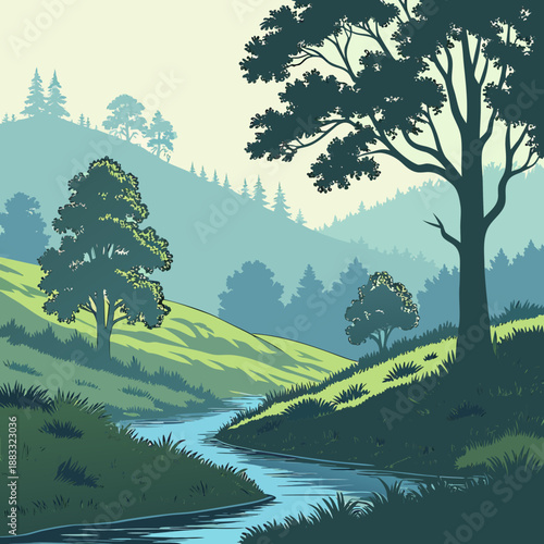 Natural scenery of forest hills divided by stream trees