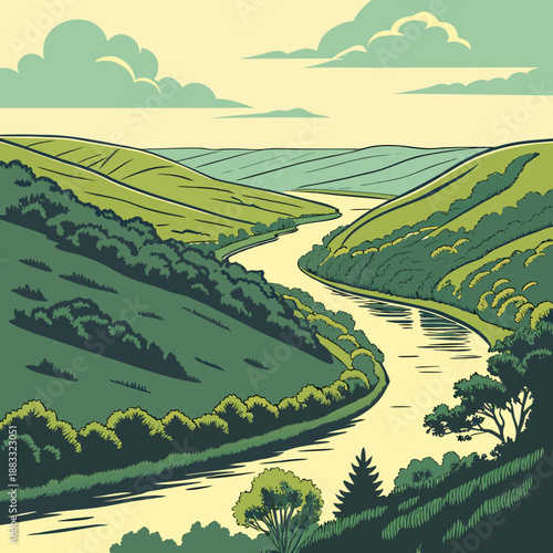 Scenic river valley with rolling hills and trees landscape