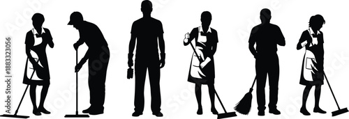 Cleaning staff silhouettes set, professional janitors working, housekeeping service, maintenance workers, office cleaning team, black vector illustration, isolated design collection
