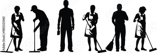 Cleaning staff silhouettes, professional janitors working, housekeeping service team, office maintenance workers, hygiene tools, black vector illustration, isolated collection set
