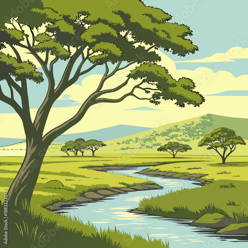 Serene landscape with river threading through green valley