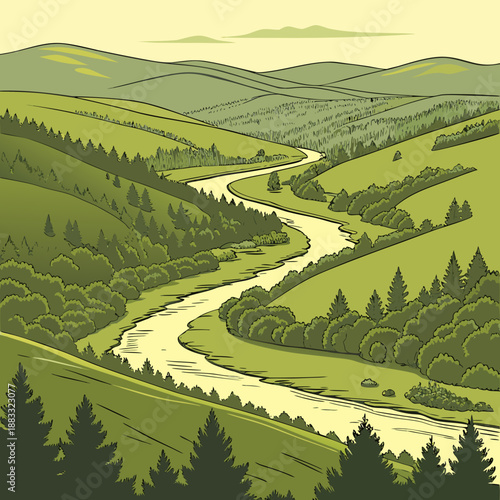 Aerial view of winding river through green hills and trees