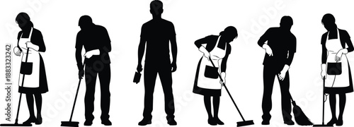 Cleaning staff silhouettes, working team, professional janitors, housekeeping service, office maintenance crew, hygiene tools, black vector illustration, isolated collection set