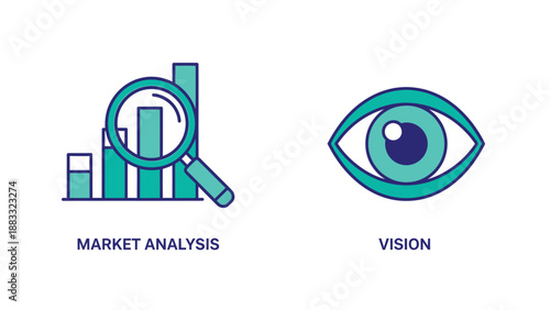 Market analysis and vision icons in minimalist style with blue green color scheme on white background for business infographics