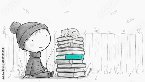 A young child is sitting next to a tall stack of books with a cat resting peacefully on top