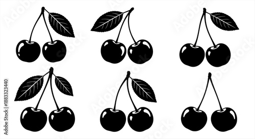 Set of six black and white cherries with stems and leaves illustration