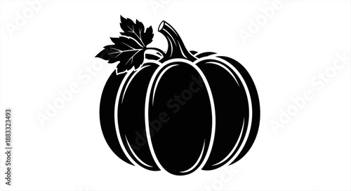 Black and White Pumpkin Icon with Stem and Leaf for Harvest and Halloween
