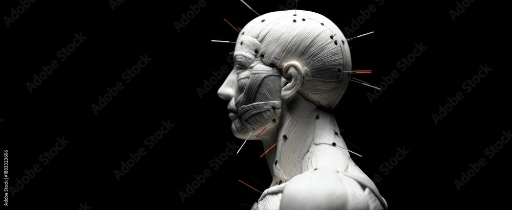 Naklejka premium The Anatomical Head Model with Exposed Muscles and Acupuncture Needles on Black