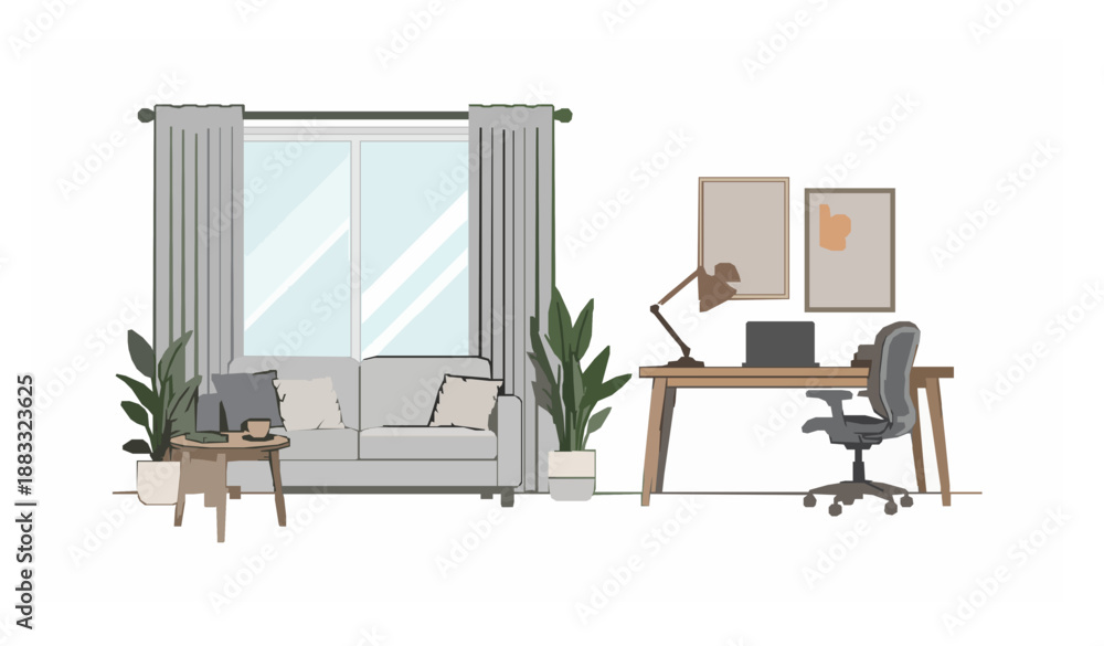 Fototapeta premium Cozy apartment living room with integrated home office flat vector design on white background