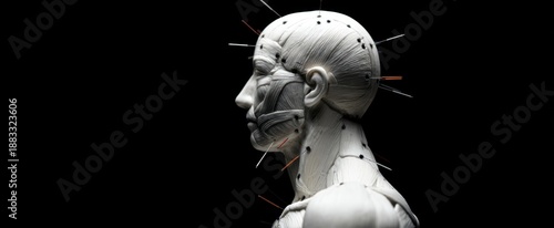 The Anatomical Head Model with Exposed Muscles and Acupuncture Needles on Black © Studio Nova