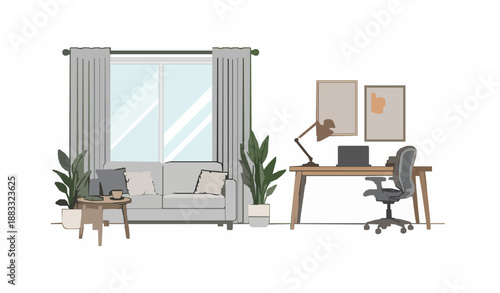 Cozy apartment living room with integrated home office flat vector design on white background